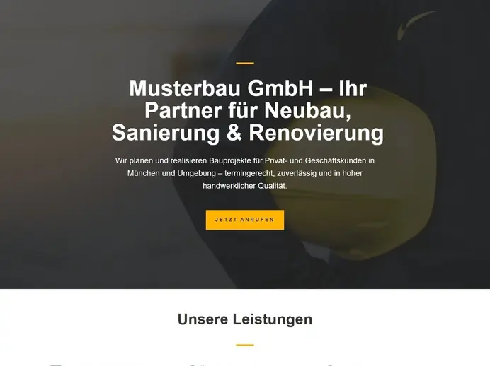 Moderne Onepage-Website-Vorlage für ein Bau- und Handwerksunternehmen in München mit Leistungsübersicht, Kundenstimmen und Kontaktformular.